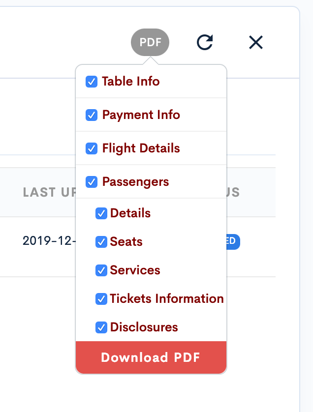 Dropdown menu allowing PDF export including selected information.