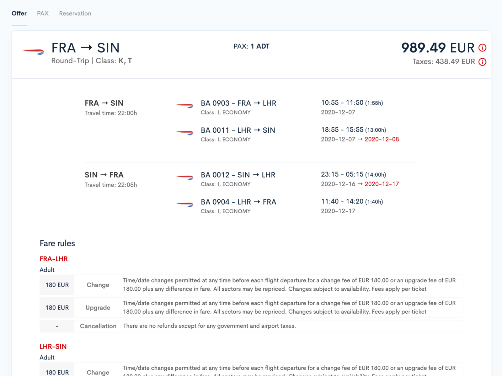 Image of Offer Confirmation and Fare Rules view