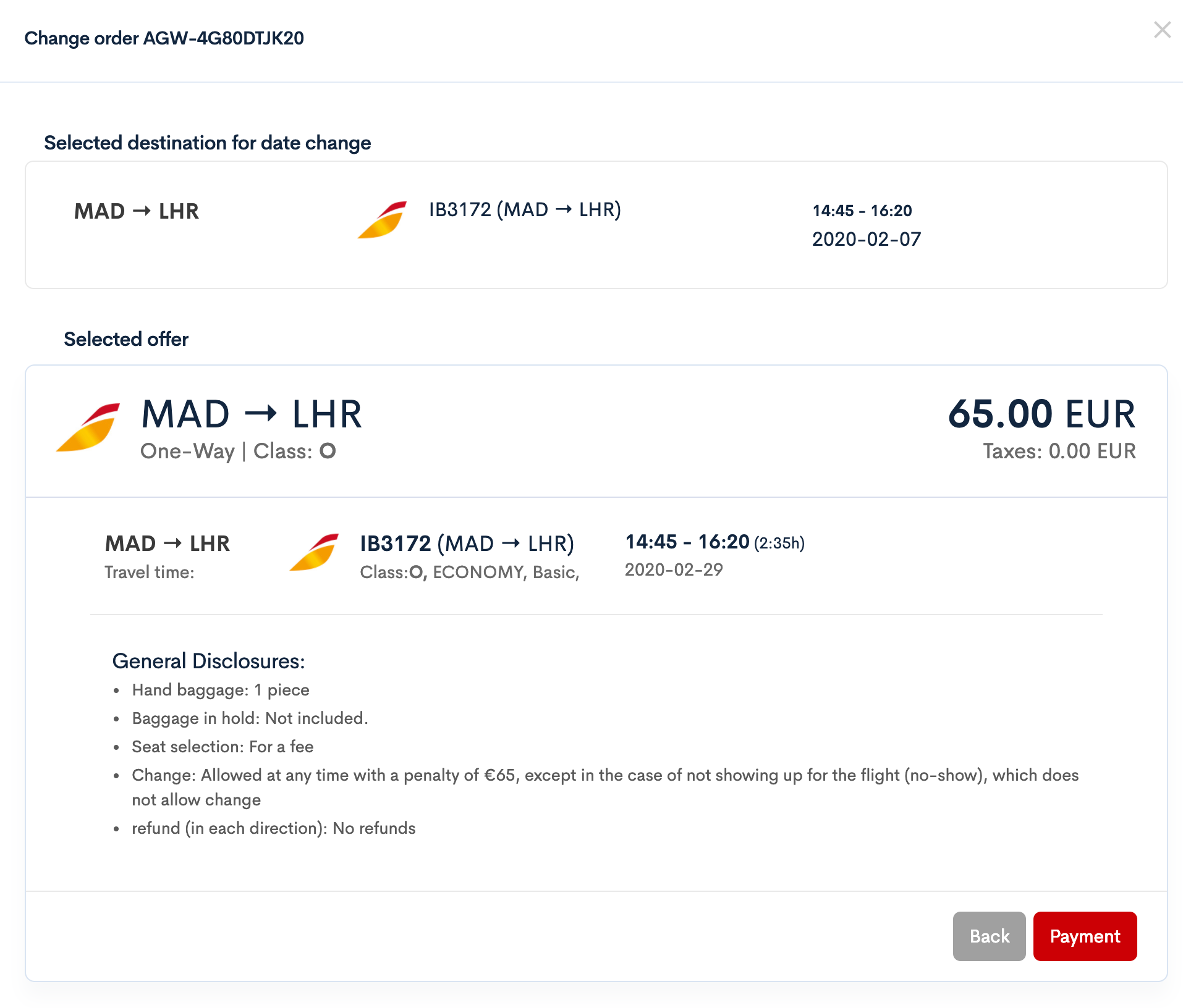 Order Dates Change confirmation window